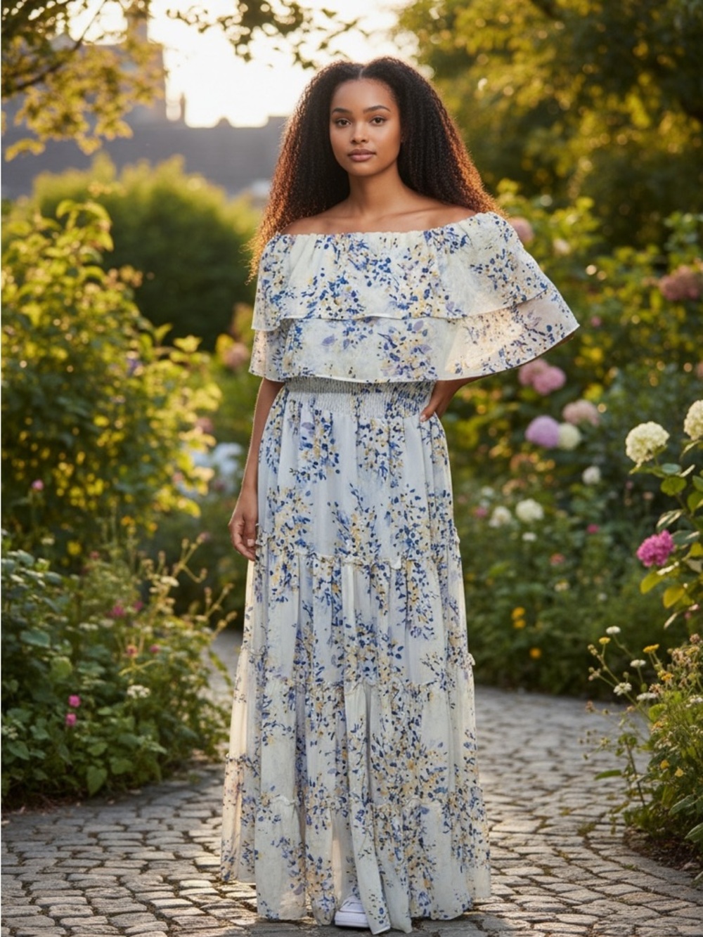 1. State Light Blue Floral Off Shoulder Maxi Dress - Picture 2 of 9